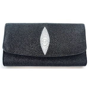 Cartera de raya negra Cartera de piel de raya genuina Cartera de piel de raya pulida Cartera exótica Cartera plegable Regalo para mamá Regalo para ella