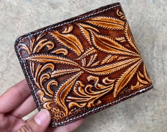 Handmade Carved Leather Wallet Floral Wallet Western Cowboy Bifold Mens Wallet Tooled Leather Wallet Gift for Him Gift for Men Gift for Dad