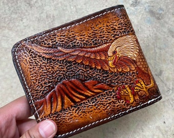 Handmade Carved Leather Wallet Eagle Wallet Western Cowboy Bifold Mens Wallet Tooled Leather Wallet Gift for Him Gift for Men Gift for Dad