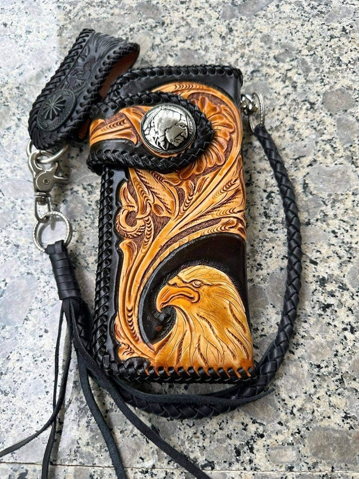 Carved Leather Mens Biker Wallet Chain Eagle Tooled Leather Bifold