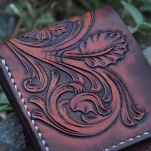 Cartera de cuero tallada a mano, cartera floral, cartera plegable estilo vaquero occidental para hombre, cartera de cuero repujado, regalo para él, regalo para hombre, regalo para papá
