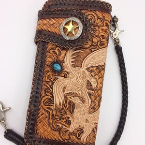 Cartera de motociclista de cuero tallado para hombre, billetera plegable de cuero con águila y cadena, billetera de vaquero occidental, regalo para él, regalo para hombres, regalo para papá