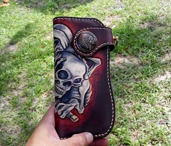 Carved Leather Mens Biker Wallet Chain Skull Tooled Leather Bifold