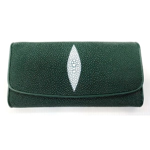 Cartera de raya verde Cartera de piel de raya genuina Cartera de piel de raya pulida Cartera exótica Cartera plegable Regalo para mamá Regalo para ella