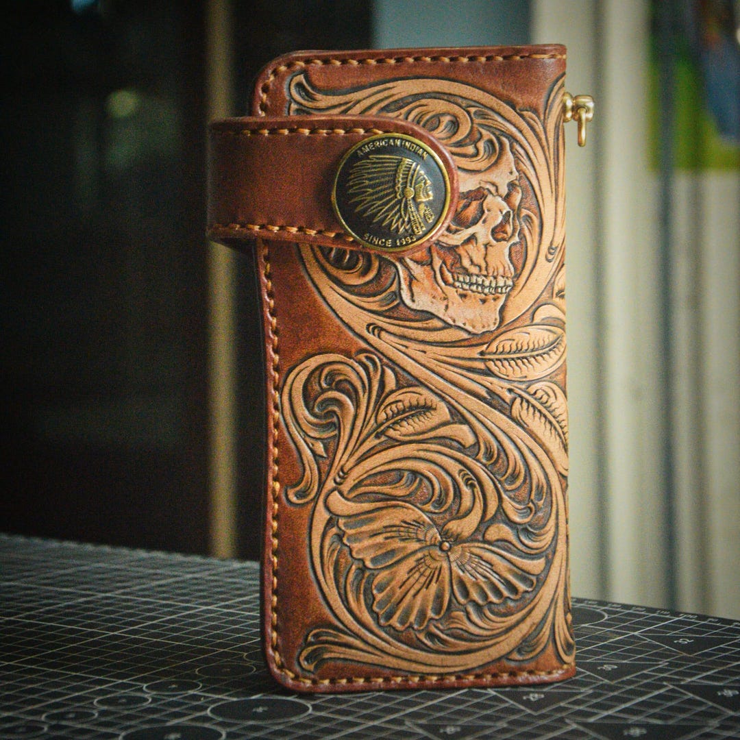 小物 diosbras Leather Carving bifold wallet Carved Leather Mens Biker Wallet Chain Floral Tooled Leather