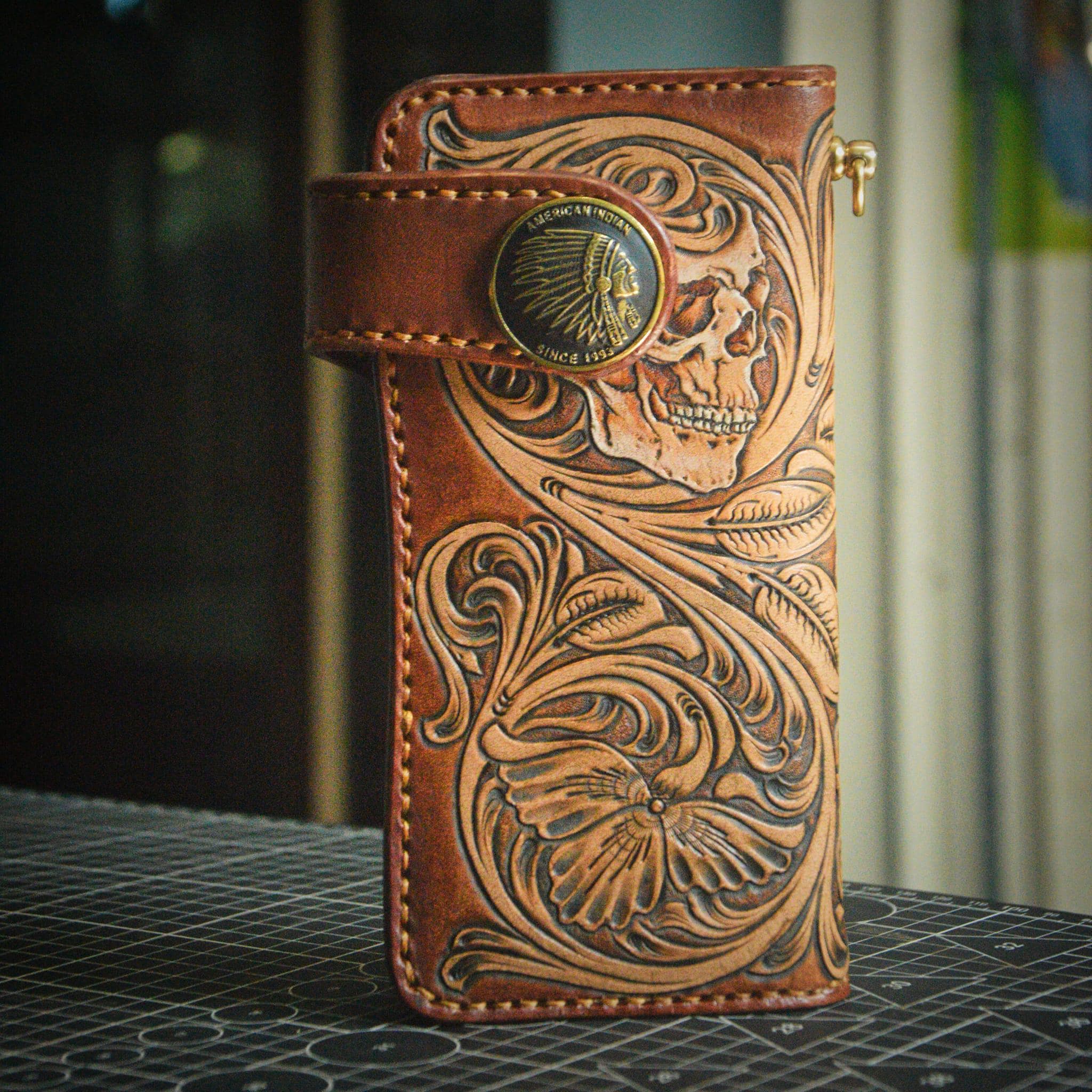 Carved Leather Mens Biker Wallet Chain Floral Tooled Leather