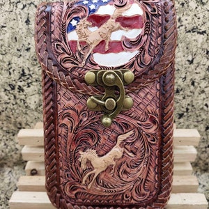 Western Leather Phone Case For Belt  Carved Leather Handmade Tooled Leather Cell Phone Holder Leather Gift for Him Gift for Men Gift for Dad