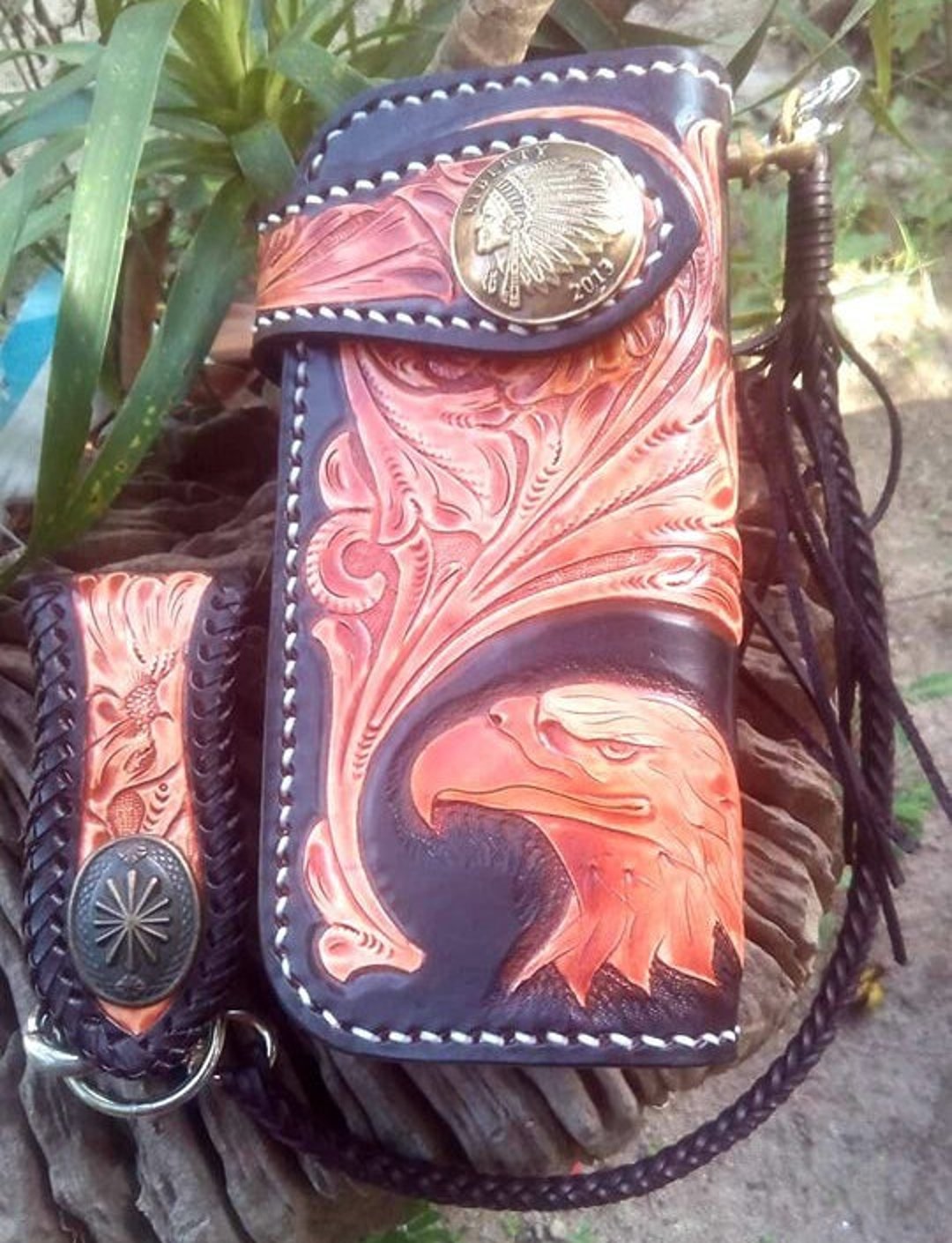 Portafoglio Uomo In Pelle Intagliato A Mano - Aquila E Cowboy - Bifold Con Catena