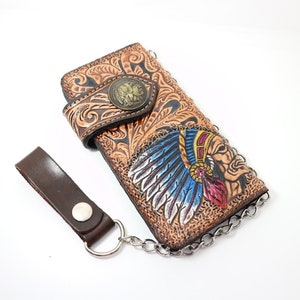Geschnitzte Leder Herren Biker Brieftasche Kette Indigener Häuptling Punzierte Leder Bifold Brieftasche Western Cowboy Brieftasche Geschenk für Ihn Geschenk für Männer