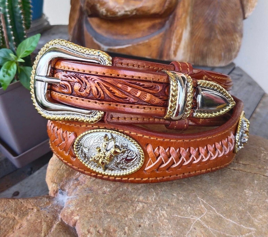 PATRON BELTS Men's Western Leather Belt - 1.5" Wide, Crafted Embossed Print, Cowboy Rodeo Casual Style With Buckle