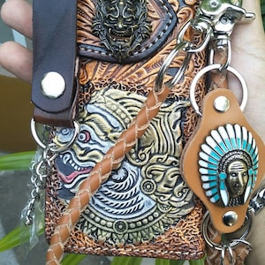 Geschnitzte Leder Herren Biker Brieftasche Kette Dämon punziert Leder Bifold Brieftasche Western Cowboy Brieftasche Geschenk für ihn Geschenk für Männer Geschenk für Papa