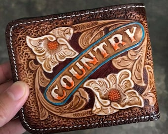 Handmade Carved Leather Wallet Floral Wallet Western Cowboy Bifold Mens Wallet Tooled Leather Wallet Gift for Him Gift for Men Gift for Dad