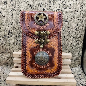 Western Leather Phone Case For Belt  Carved Leather Handmade Tooled Leather Cell Phone Holder Leather Gift for Him Gift for Men Gift for Dad