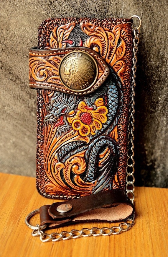 折り財布 *Leather carving Wallet Carved Leather Mens Biker Wallet Chain Dragon Tooled Leather