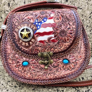 Western Cowhide Leather Purse Shoulder Bag Hand Tooled Turquoise Bag Carved Floral Handmade Purse Turquoise Crossbody Handbag Clutch Bag