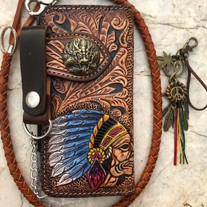 Geschnitzte Leder Herren Biker Brieftasche Kette Indigener Häuptling Punzierte Leder Bifold Brieftasche Western Cowboy Brieftasche Geschenk für Ihn Geschenk für Männer