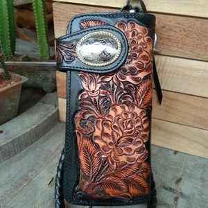 Cartera de motociclista de cuero tallado para hombre, billetera plegable de cuero con diseño floral, billetera estilo vaquero occidental, regalo para él, regalo para hombre, regalo para papá.