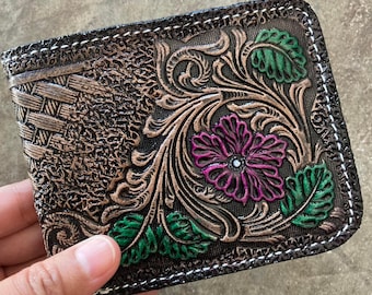 Handmade Carved Leather Wallet Floral Wallet Western Cowboy Bifold Mens Wallet Tooled Leather Wallet Gift for Him Gift for Men Gift for Dad