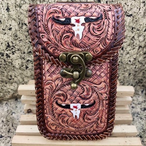 Western Leather Phone Case For Belt  Carved Leather Handmade Tooled Leather Cell Phone Holder Leather Gift for Him Gift for Men Gift for Dad