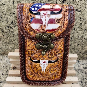 Western Leather Phone Case For Belt  Carved Leather Handmade Tooled Leather Cell Phone Holder Leather Gift for Him Gift for Men Gift for Dad