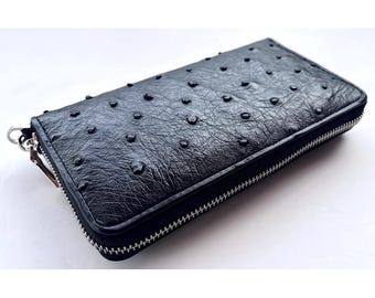 Cartera de avestruz negra Cartera de piel de avestruz Cartera de piel auténtica de avestruz Cartera exótica Cartera plegable Regalo para él Regalo para ella Regalo para hombre