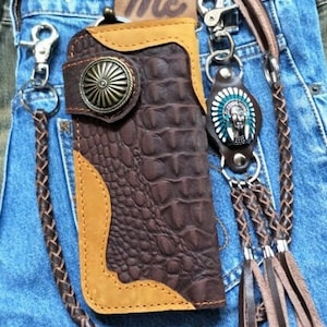 Carteira de couro estilo motociclista com corrente, carteira masculina dobrável, feita à mão, com cordão de couro, carteira longa, presente de motociclista para formatura, presente para homens, presente para ele