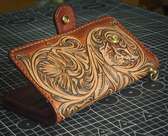 小物 diosbras Leather Carving bifold wallet Carved Leather Mens Biker Wallet Chain Floral Tooled Leather
