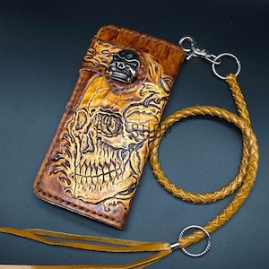 Geschnitzte Leder Herren Biker Brieftasche Kette Schädel punziert Leder Bifold Brieftasche Western Cowboy Brieftasche Geschenk für ihn Geschenk für Männer Geschenk für Papa