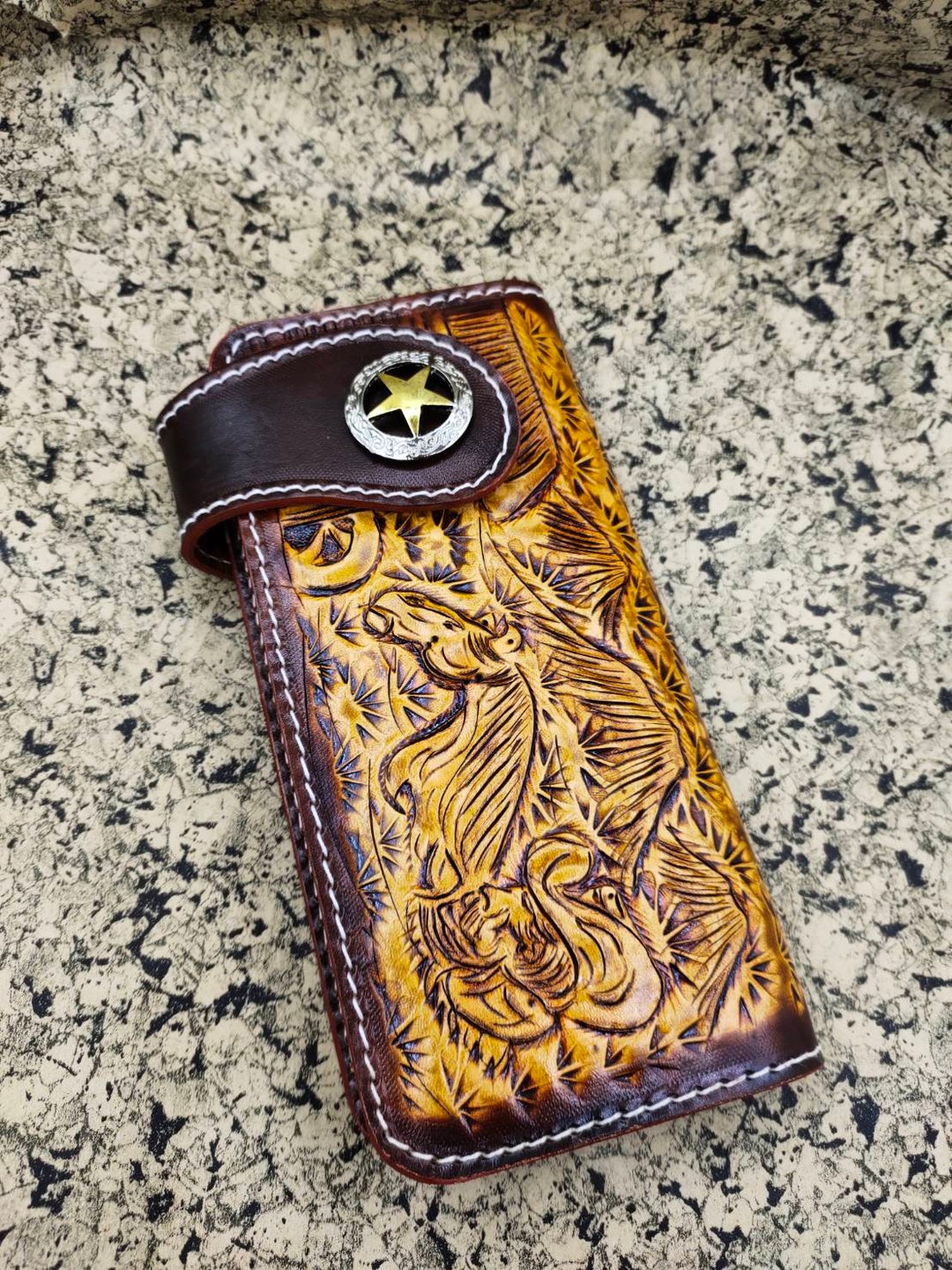 Carved Leather Mens Biker Wallet Chain Floral Tooled Leather