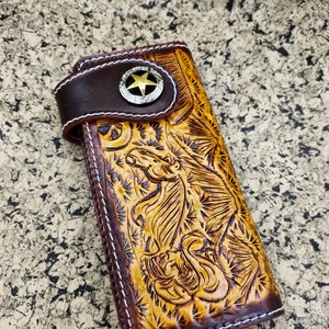 Cartera de motociclista de cuero tallado para hombre, billetera plegable de cuero con diseño floral, billetera estilo vaquero occidental, regalo para él, regalo para hombre, regalo para papá.