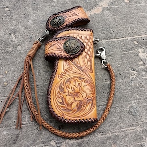 Geschnitzte Leder Herren Biker Brieftasche Kette Floral punziert Leder Bifold Brieftasche Western Cowboy Brieftasche Geschenk für ihn Geschenk für Männer Geschenk für Papa