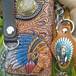 Cartera de motociclista de cuero tallado para hombre, billetera plegable de cuero con labrado de jefe indígena, billetera de vaquero occidental, regalo para él, regalo para hombres