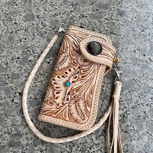 Cartera de motociclista de cuero tallado para hombre, billetera plegable de cuero con diseño floral, billetera estilo vaquero occidental, regalo para él, regalo para hombre, regalo para papá.