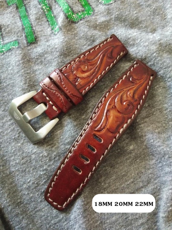 Western Watchband Custom Leather Watch Strap Tooled Leather Watch Strap  Carved Floral Watch Band 24mm 22mm 20mm 19mm 18mm Gift For Him