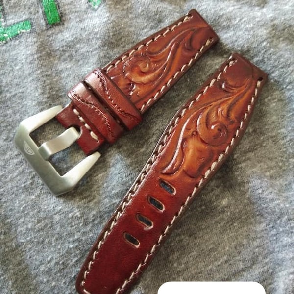 Carved Leather Watch Strap Handmade Hand Tooled Strap Watch Custom Watch Western Cowboy Anniversary Gift for Him Gift for Men Gift for Dad