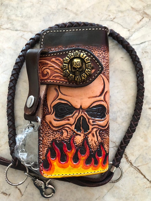 Carved Leather Mens Biker Wallet Chain Skull Tooled Leather Bifold Wallet Western Cowboy Wallet Gift for Him Gift for Men Gift for Dad