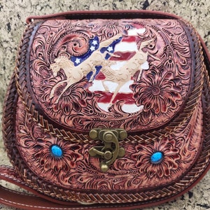 Western Cowhide Leather Purse Shoulder Bag Hand Tooled Turquoise Bag Carved Floral Handmade Purse Turquoise Crossbody Handbag Clutch Bag