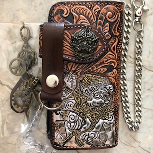 Geschnitzte Leder Herren Biker Brieftasche Kette Dämon punziert Leder Bifold Brieftasche Western Cowboy Brieftasche Geschenk für ihn Geschenk für Männer Geschenk für Papa