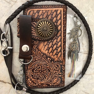 Geschnitzte Leder Herren Biker Brieftasche Kette Floral punziert Leder Bifold Brieftasche Western Cowboy Brieftasche Geschenk für ihn Geschenk für Männer Geschenk für Papa