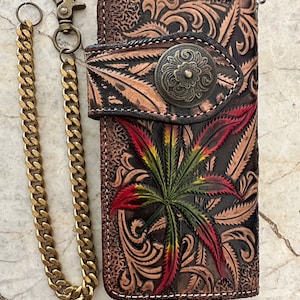 Geschnitzte Leder Herren Biker Brieftasche Kette Floral punziert Leder Bifold Brieftasche Western Cowboy Brieftasche Geschenk für ihn Geschenk für Männer Geschenk für Papa