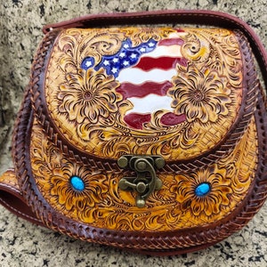 Western Cowhide Leather Purse Shoulder Bag Hand Tooled Turquoise Bag Carved Floral Handmade Purse Turquoise Crossbody Handbag Clutch Bag