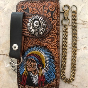 Geschnitzte Leder Herren Biker Brieftasche Kette Indigener Häuptling Punzierte Leder Bifold Brieftasche Western Cowboy Brieftasche Geschenk für Ihn Geschenk für Männer
