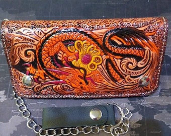 Handmade Motorcycle Long Leather Biker Wallet Chain Dragon Carved Wallet Bifold Wallet Anniversary Gift for Him Gift for Men,Gift for Dad