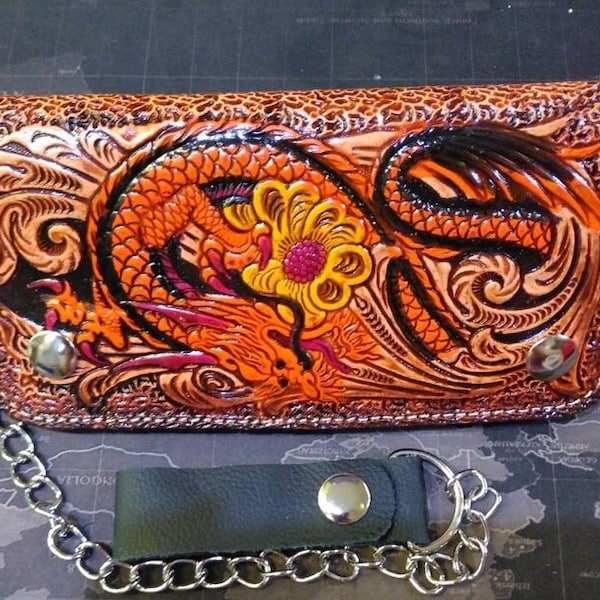 Handmade Motorcycle Long Leather Biker Wallet Chain Dragon Carved Wallet Bifold Wallet Anniversary Gift for Him Gift for Men,Gift for Dad