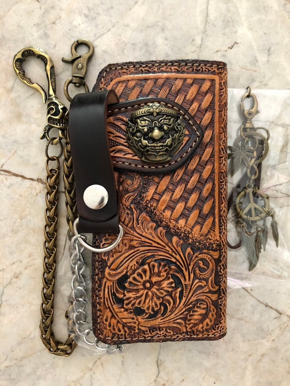 Carved Leather Mens Biker Wallet Chain Floral Tooled Leather