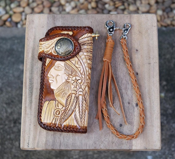 Carved Leather Mens Biker Wallet Chain Indigenous Chief Tooled