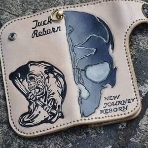 Geschnitzte Leder Herren Biker Brieftasche Kette Schädel punziert Leder Bifold Brieftasche Western Cowboy Brieftasche Geschenk für ihn Geschenk für Männer Geschenk für Papa
