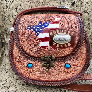 Western Cowhide Leather Purse Shoulder Bag Hand Tooled Turquoise Bag Carved Floral Handmade Purse Turquoise Crossbody Handbag Clutch Bag