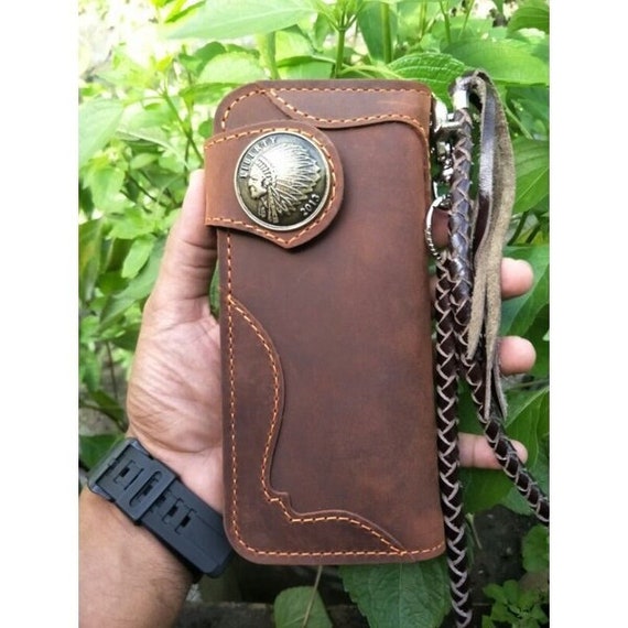 Leather Biker Wallet Chain Mens Bifold Wallet Handmade Leather