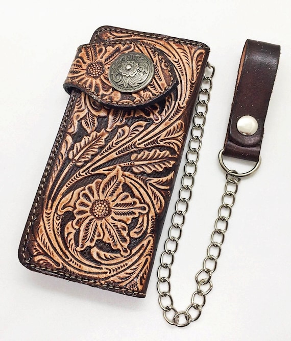 小物 kc's carving leather bikers wallet Carved Leather Mens Biker Wallet Chain Floral Tooled Leather